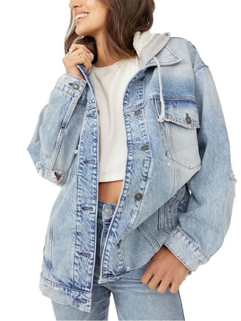 Free People Light Blue Distessed Oversized Denim Jacket With Gray Hood Medium